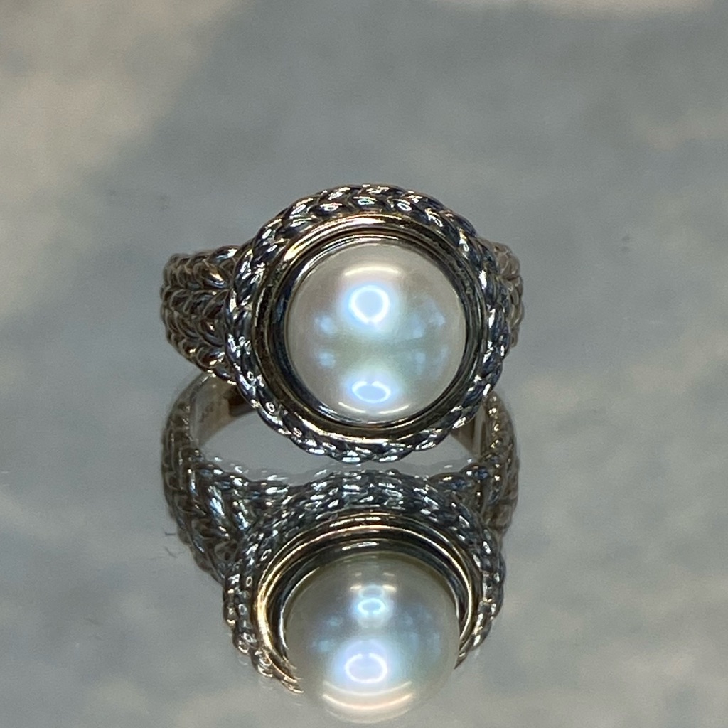 Vintage Genuine Pearl Set In Sterling Silver W 14k Gold Trim Ring Signed Av Sz 8